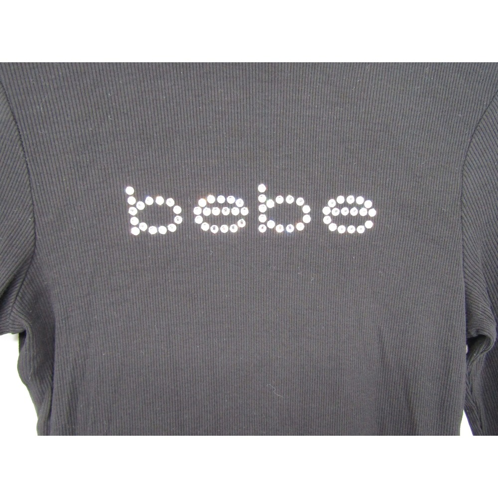 bebe Turtleneck Top Womens Small Black Rhinestone Logo Ribbed Long Sleeve - Picture 4 of 11